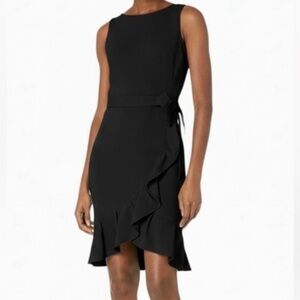 Calvin Klein Black Dress 12 Sleeveless Fitted Black Belted Ruffled Hem Party